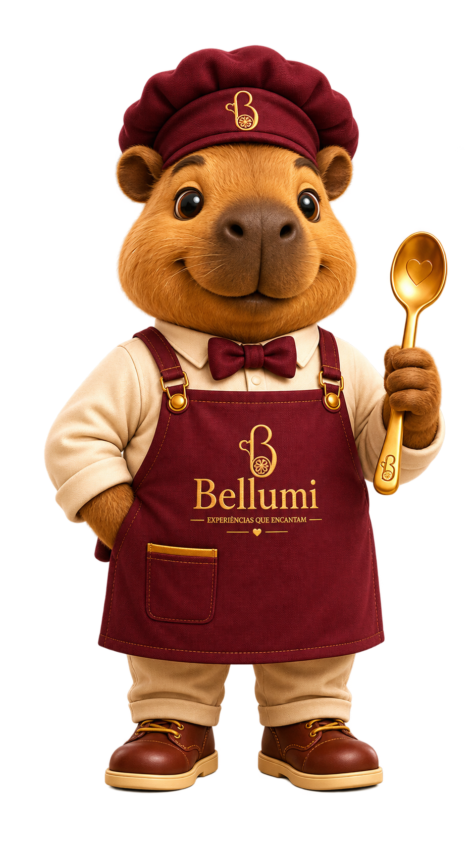 Mascote Bellumi apresentando os toppings